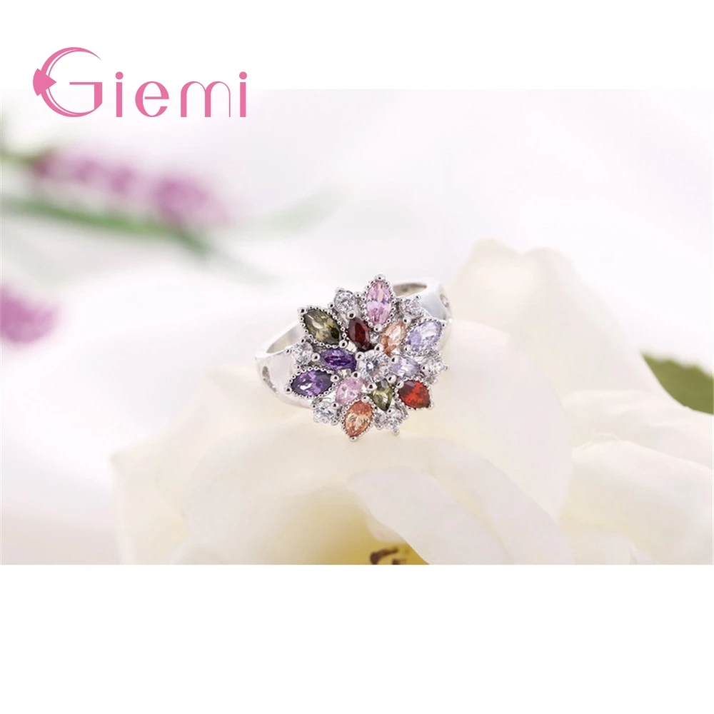 Sparkling 100% Solid 925 Sterling Silver Band Rings Colorful Flower AAA Cubic Zircon Stone Jewelry for Women Wedding Engagement