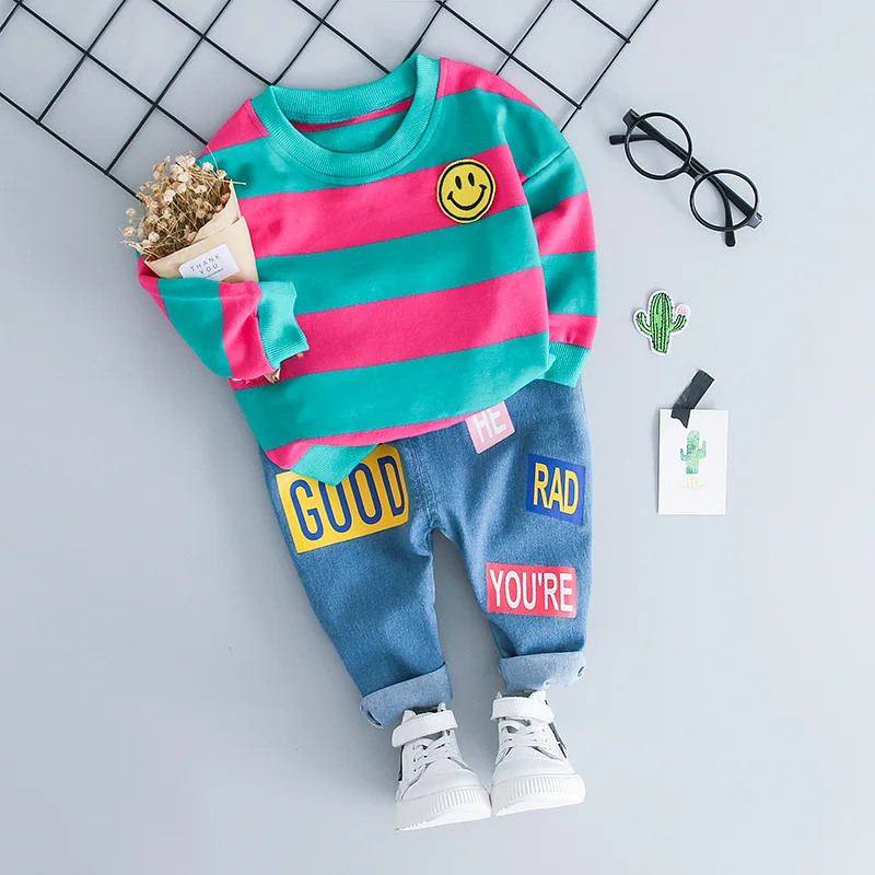 Mihkalev/детская одежда комплект осенней одежды для мальчиков, хлопковые комплекты одежды для маленьких девочек топы с длинными рукавами+ джинсовые штаны детский спортивный костюм