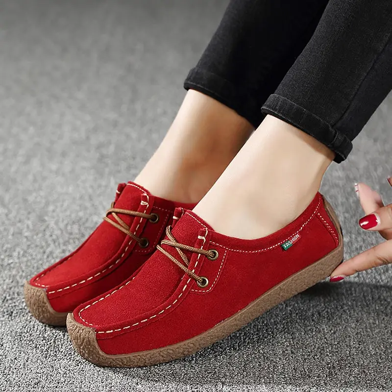 Flats Shoes Woman Genuine Leather Loafers Shoes Laceup Folding