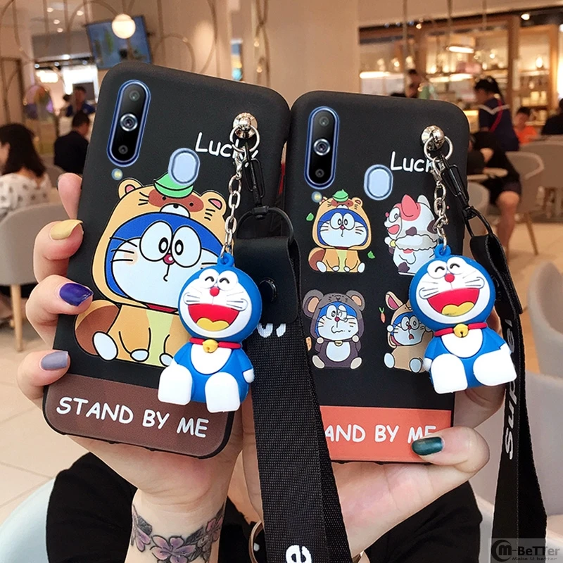 

For Samsung S10/S10 plus phone case Galaxy note8/9 cartoon cat shell s8/s9+ cute soft silicone cover+ doraemon toy holder+ strap