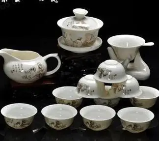14 шт посуда Кунг Фу чайная кружка. Чайный горшок керамический Magpies joy Gaiwan чайный набор чашка - Цвет: Зеленый