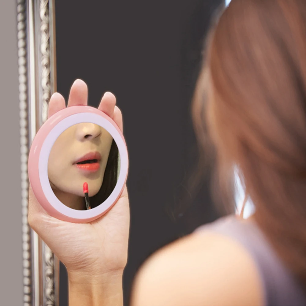 Foldable LED Lighted Makeup Cosmetic Mirror Strap Finger Ring Stand Ultra thin Swivel Ring