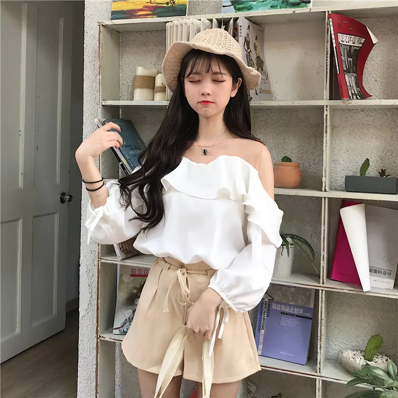 Сладкий фонари sleeveWomen для Костюмы шифоновые летние блузки рубашки с оголенными
