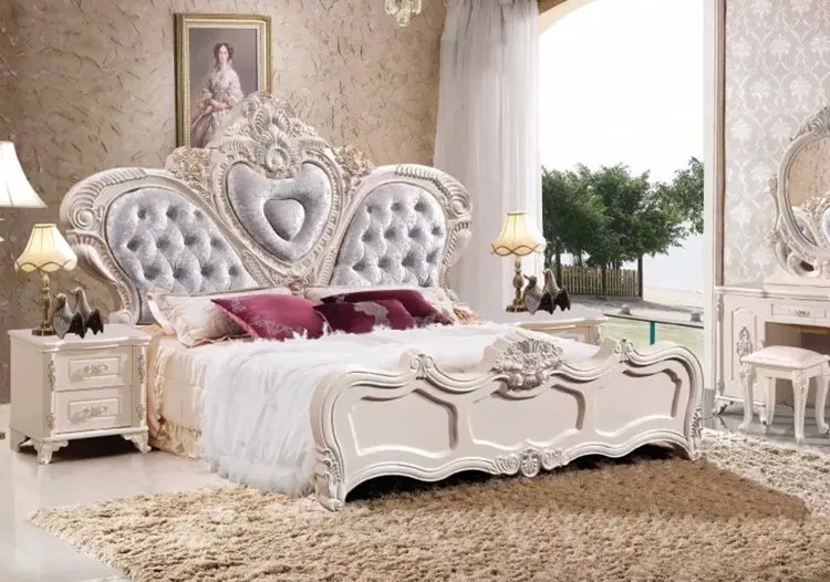 Современный европейский твердой древесины кровать Моды Резные кожа французский спальный гарнитур мебель king size HC0062