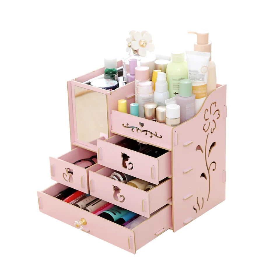 Коробка для хранения настольный органайзер для макияжа в сборе деревянная косметическая коробка для хранения емкость контейнер для ювелирных изделий Органайзер с зеркалом - Цвет: Pink