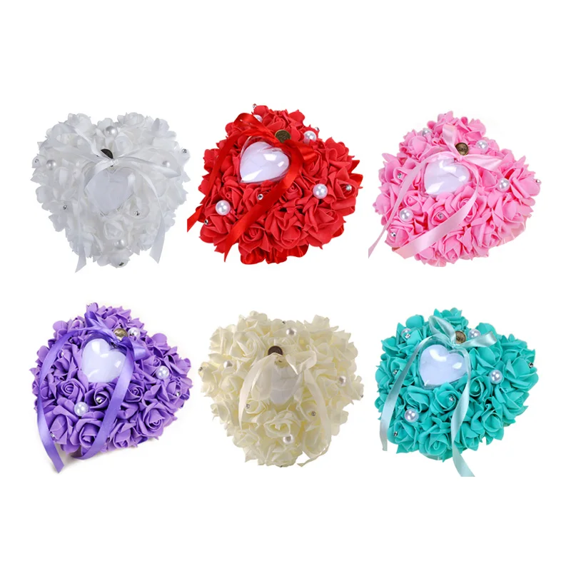 

Satin Wedding Ring Pillow Cushion Heart Shape Ring Box Artificial Silk Rose Flowers Jewelry Case Valentine Day Gift Party Decor