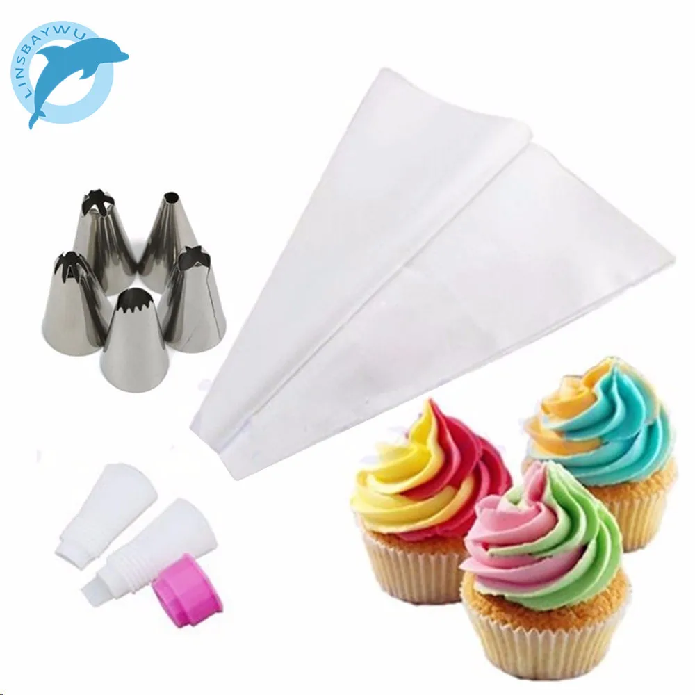 

LINSBAYWU 5Pcs/Set Russian Double Two Color Cake Dessert Decorators Icing Piping Bag Cream Pastry With Nozzles Converter Topper