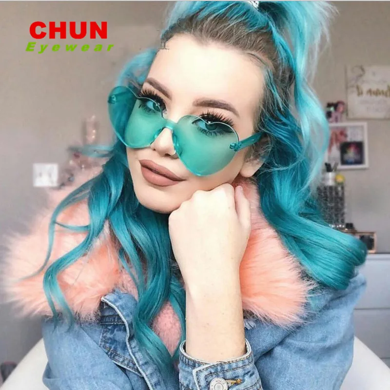 

CHUN Love Heart Shape Sunglasses Women Siamese Rimless Frame Tint Clear Lens Colorful Sun Glasses Red Pink Yellow Shades J77