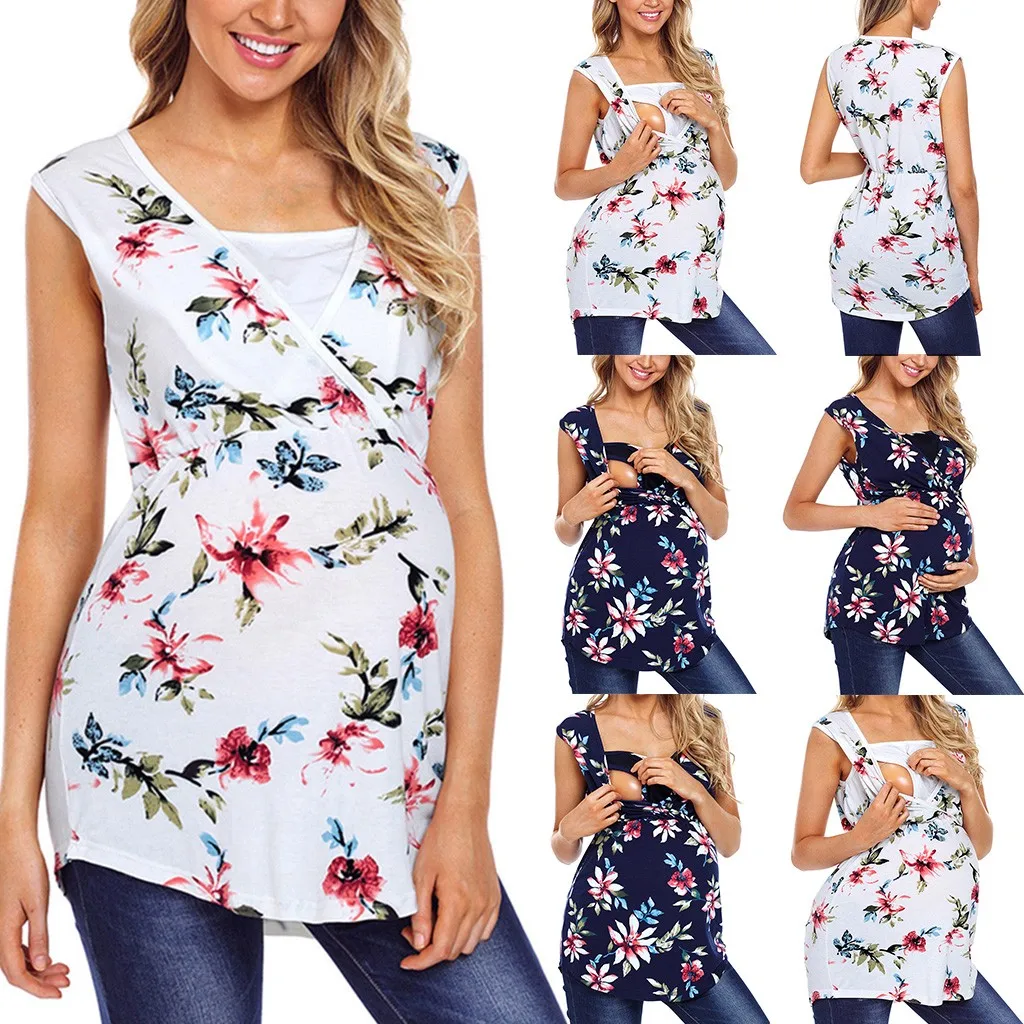 

Women's Maternity Sleeveless Floral Print Tops Nursing Baby Blouse Clothes