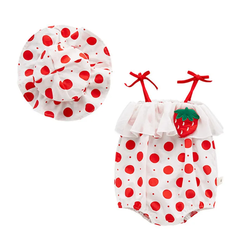 Летний милый детский комбинезон с принтом клубники, комбинезон без рукавов+ шляпа от солнца, одежда для маленьких девочек, комплект детской одежды для новорожденных