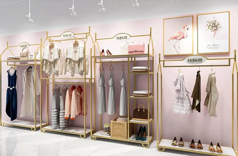 Estante de exhibición de ropa de doble capa, estante dorado de alta