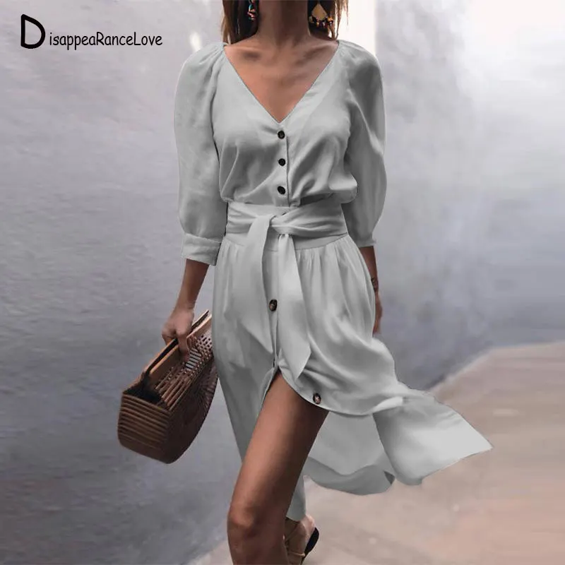 

Solid Casual Dress Sexy V-Neck Half Sleeve Ruffle Buttons Women 2019 New Summer Dresses Cotton White Dress Female Vestidos