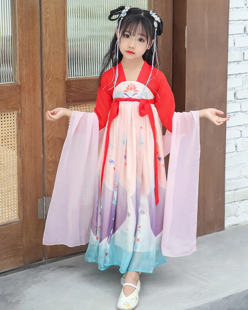 Hanfu народный танцевальный костюм для детей; Спортивный костюм для маленьких девочек; праздничная одежда; традиционный старинный костюм в китайском стиле для выпускного вечера; сказочное длинное платье
