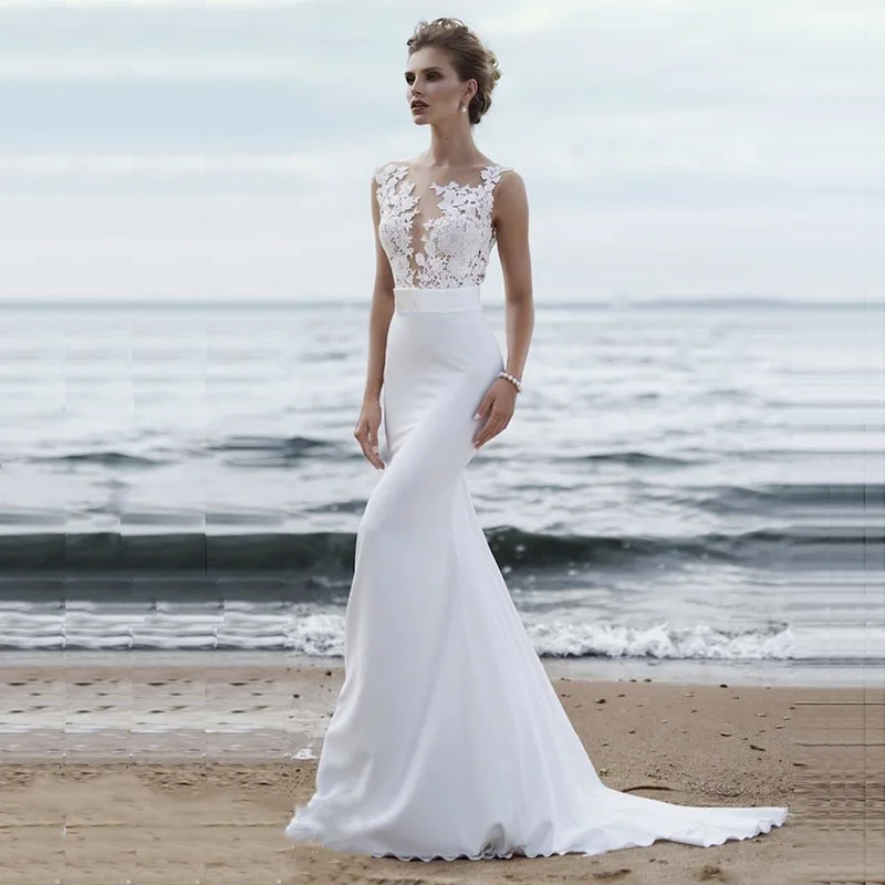 11-1    Beach Wedding Dresses 2019 Boho Mermaid Wedding Gown Scoop Appliques Lace Princess Bride Dress Custom Made Plus size.