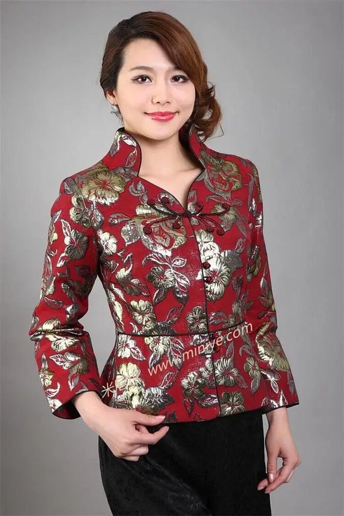 Черный Традиционный китайский стиль Женская шелковая атласная куртка пальто цветы Размеры S M L XL XXL XXXL - Цвет: Красный
