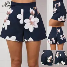 Ladies Beach Mini Shorts S-XL Size 2020 New Navy Blue Floral Print Women Shorts Summer High Waist Casual Pockets Zipper Back navy random floral print back zipper high waist shorts with pockets