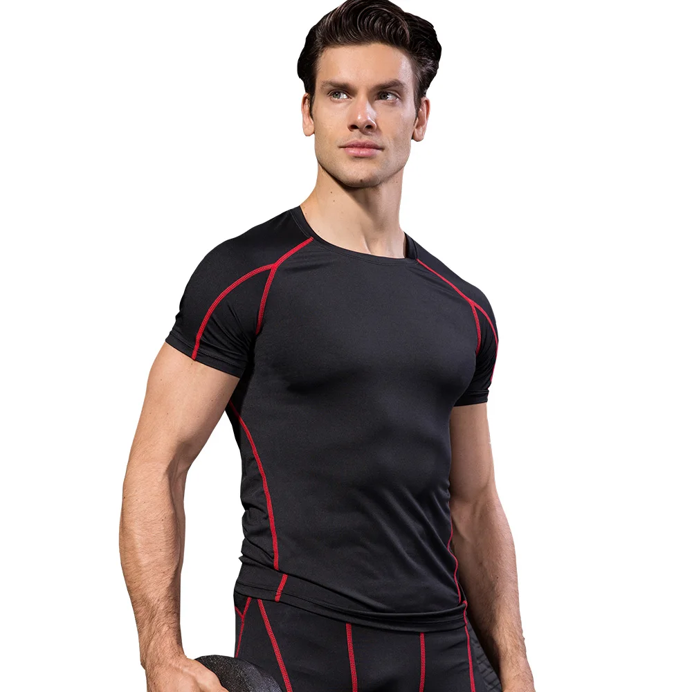 Men's Compression Shirt Short Sleeve Gym Black Top Dry fit Round Neck Breathable 