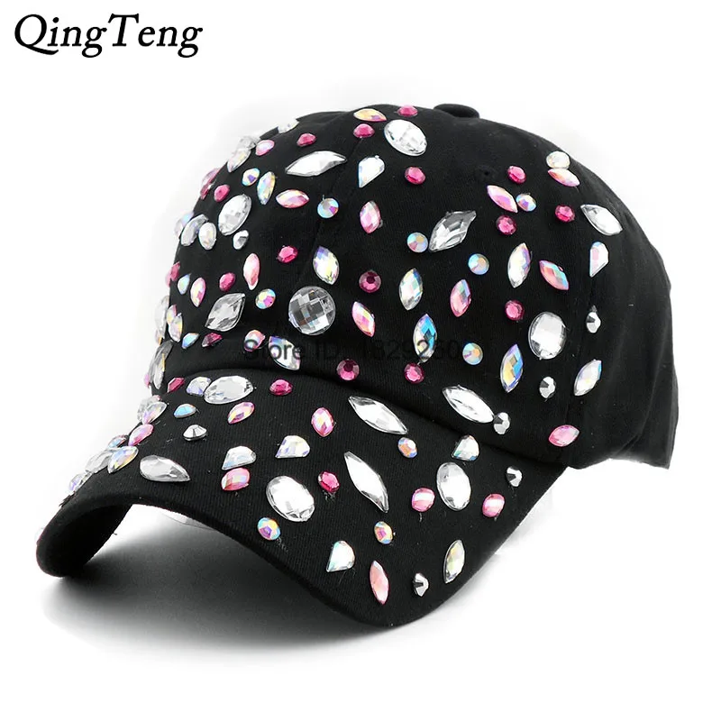 Bling Water Wave Ladies Rhinestone Black Baseball Caps Denim Do Old