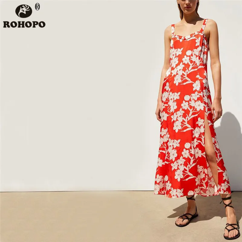 

ROHOPO Women Spaghetti Strap Floral Midi Dress Red Floral Printed Pleated Vintage Dress Slip Bottom Maxi Vestido #TW7121
