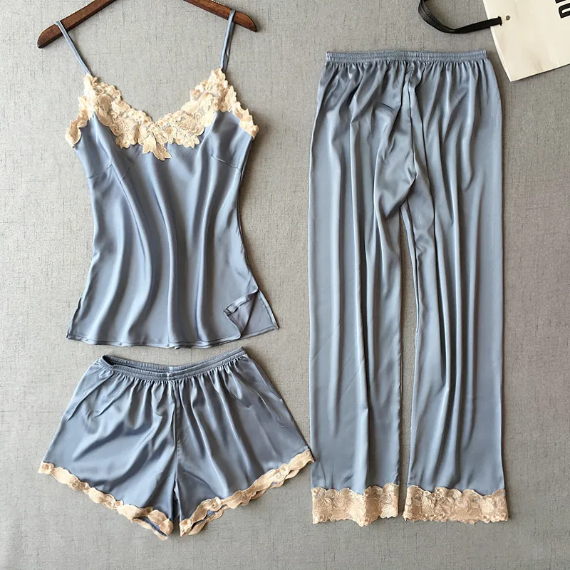 

Freshing Summer 3 Pcs Spaghetti Strap Embroidery Women Pajama Set Nightdress+Short/Long Pant Set Brand Hight Quality Pajamas