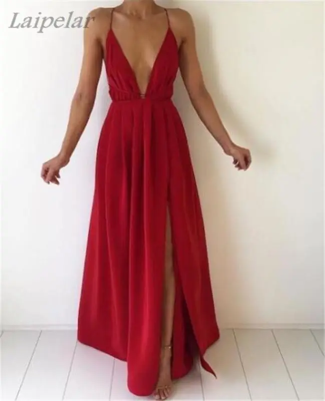 

New Arrival Split Maxi Dress Dark Blue Solid Sexy Deep V Neck Evening Party Elegant Clubwear Spaghetti Strap Dresses Laipelar