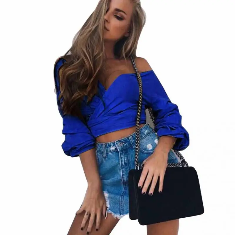 Women Sexy T Shirts Summer Lady Puff Sleeve Off Shoulder Crop Tops