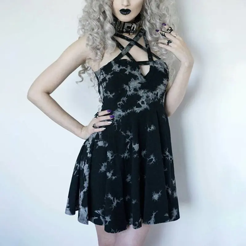 

Sexy Printed Short Dress Women Hipster Gothic Pentagram Hollow Backless High Waist Streetwear Cool Girl Black Club Mini Dresses