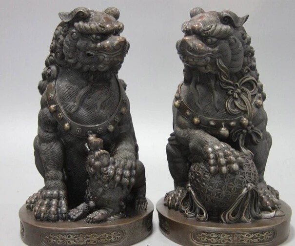 

Collectible bronze lion statue S1043 10 China Bronze Copper Fengshui Auspicious Fu Foo Dog Lion Play Son Ball Statue (B0413)