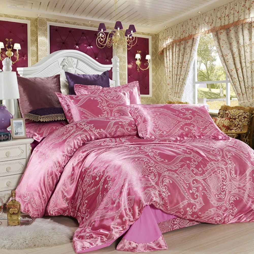

Wedding Luxury Bedding Sets Jacquard Queen/King Size Duvet Cover Set wedding Bedclothes Bed Linen bed sheetpink