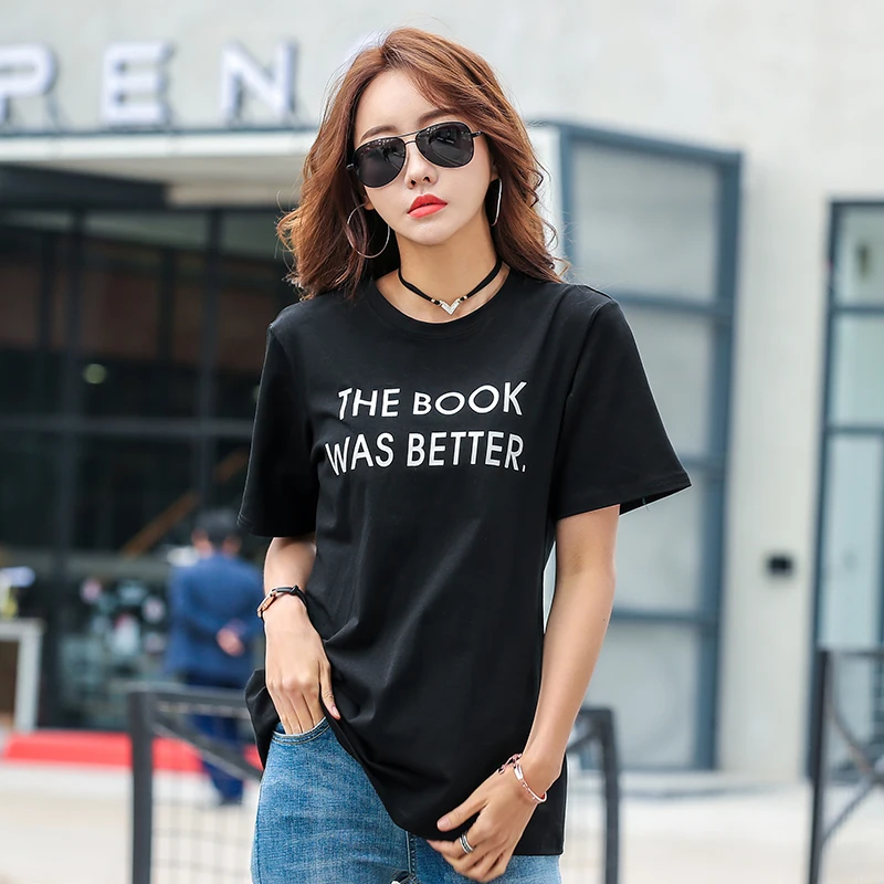 

2019 NEW Cotton T Shirt Women Casual Loose Streetwear Short Sleeve Women Tshirt THEBOOK Letter Printing Top Tee