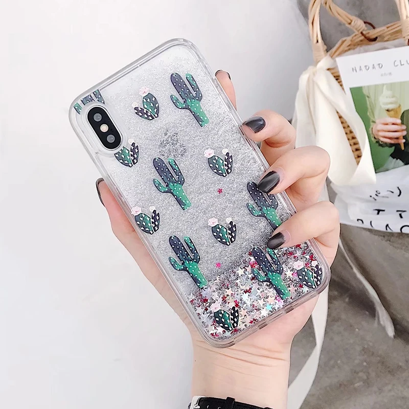 

TPU Dynamic Liquid Quicksand Cover For iPhone X Case XS MAX XR Transparent Green Cactus For iPhone 6 Cases 6S 7 8 Plus Silicone