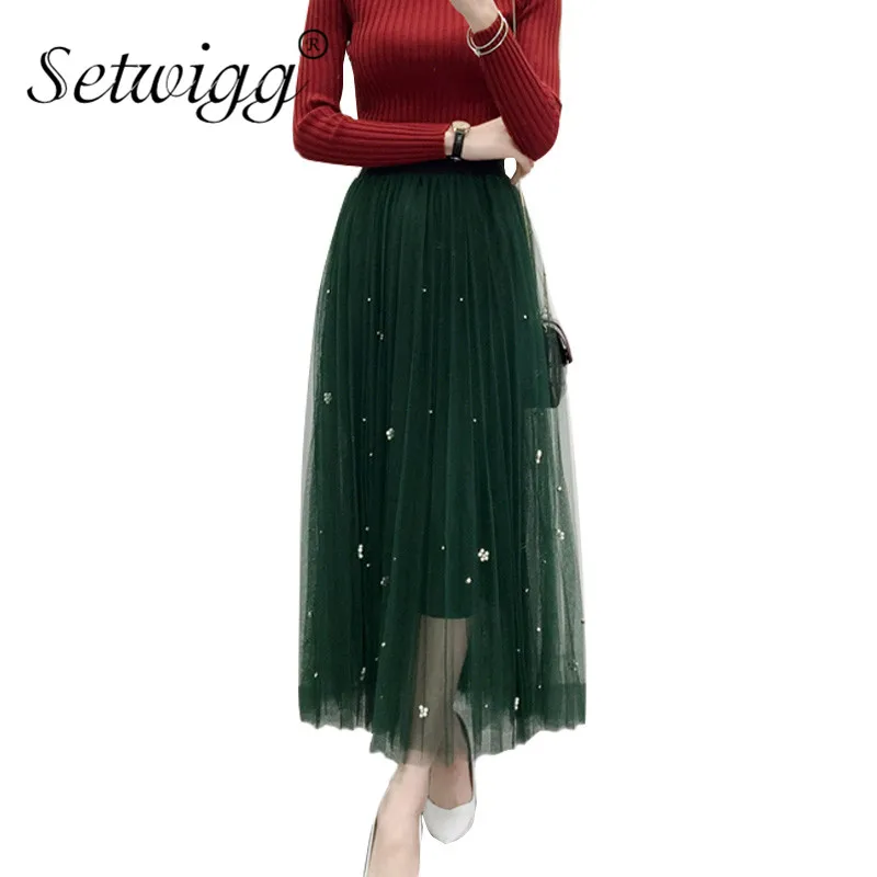 

SETWIGG Spring Sweet Pearls Beaded Mesh Layered Long Skirts Elastic Waist Puff Beading A-line Ankle Long Tulle Gauze Skirt
