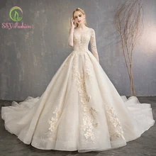 SSYfashion свадебное платье с глубоким вырезом и рукавами 3/4, со шнуровкой сзади, длина до пола, кружевное роскошное свадебное платье, свадебное платье на заказ, Vestidos De Novia