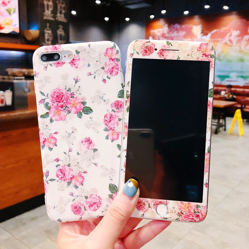 

For iPhone XS max XR X Flower case + tempered glass film for iphone 8plus 7P 6P 678 2in1 front back cover elegant Floral screen