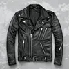 2022 Black Men Biker's Leather Jacket Double Diagonal Zipper Genuine Thick Cowhide Slim Fit Short Motorcycle Coat FREE SHIPPING ► Photo 3/6