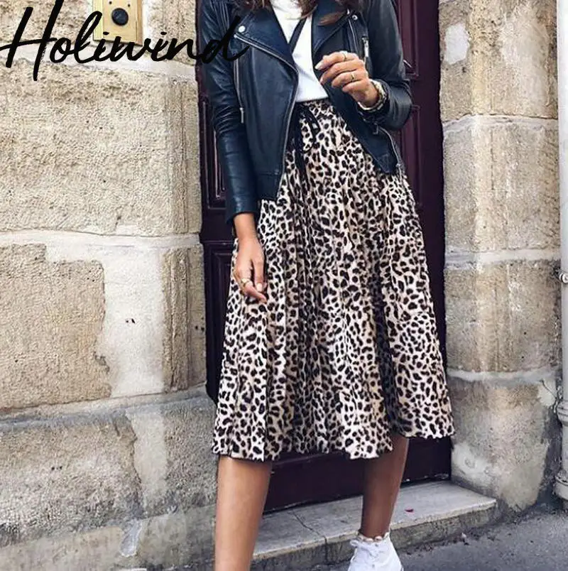 

2019 Women Elastic Waist Leopard Skirt Drawstring Pleated Skirt Long Midi Skirts Animal Printing