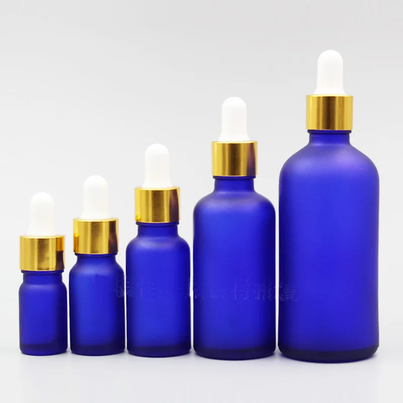 #*Cheap 24pcs Frosted Blue Glass Bottles With Gold Collar Dropper 5ml 10ml 20ml 30ml 50ml 100ml Frosting Dropper Essential Oil Bottle