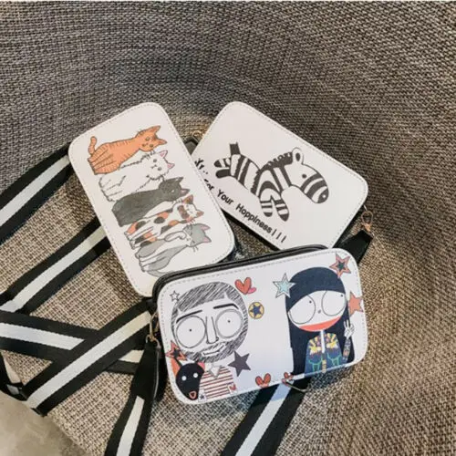 

Women Leather Zipper Small Bag Handbag Lady Cross-body Tote Satchel Shoulder Bag with 5 cartoon cats or Zebra
