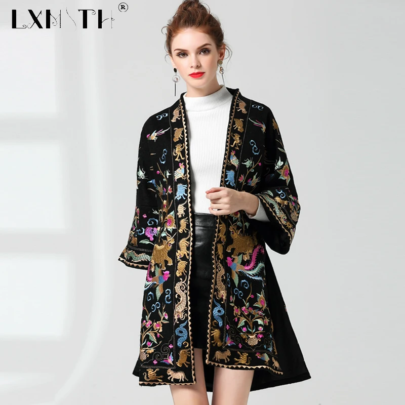 Femmes Vestes Veste Cardigan Pour Haut Manteau De Lâche Manches Brodé V Automne Cou Flare Black pink Fendu Laine Long Broderie qtI8wBT