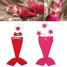 Комплект одежды из 3 предметов для новорожденных с изображением рыбьего хвоста, спальный мешок, повязка на голову с цветочным рисунком, детский вязаный наряд для фотосъемки, фотосессия для новорожденных