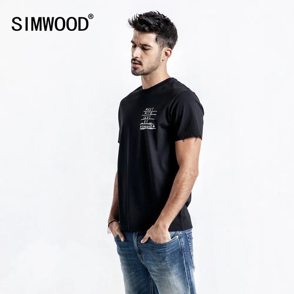 

SIMWOOD New 2019 Men t shirts Summer Fashion Black Slim Casual Letter Print Tops Brand Male O-Neck Short Sleeve Tees 190064