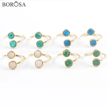 

BOROSA 5PCS Gold Bezel Square and Round Shape Double Stone Rings, Natural Agates Titanium Rainbow Druzy Ring as Gift ZG0381