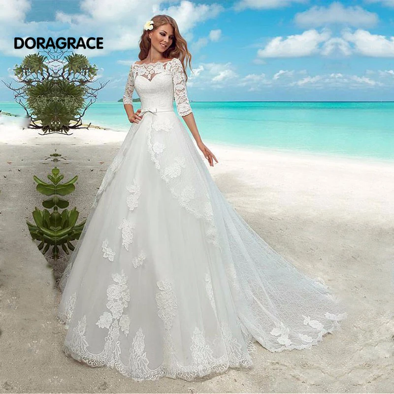 

Romantic Applique A Line Button Back 3/4 Sleeve Wedding Dresses Bridal Gowns vestido de noiva DG0054