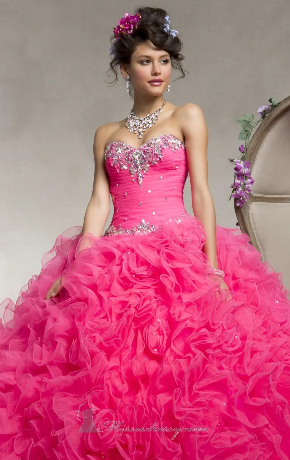 Hot Sale Ball Gown Strapless Sweetheart Hot Pink Crystal Ruffle Formal ...