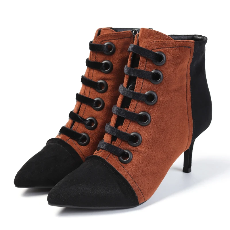 

Botas Mujer Ankle Winter Boot For Shoes Women Mixed Color Flock High Thin Heel Pointed Toe Zip Lace Up Ladies Femme Short Boot