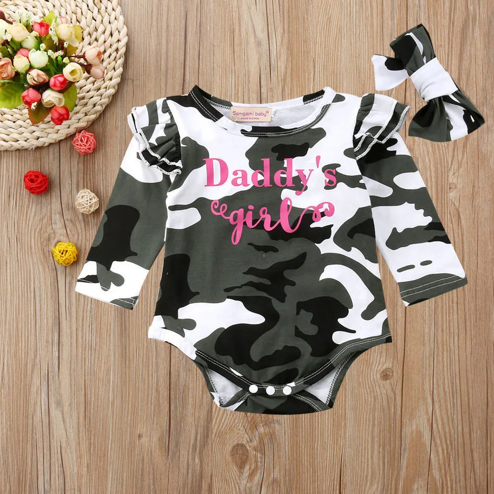 

made of high quality materials Newborn Infant Baby Girl Letter Camouflage Romper Jumpsuit HeadbClothes Set clothes