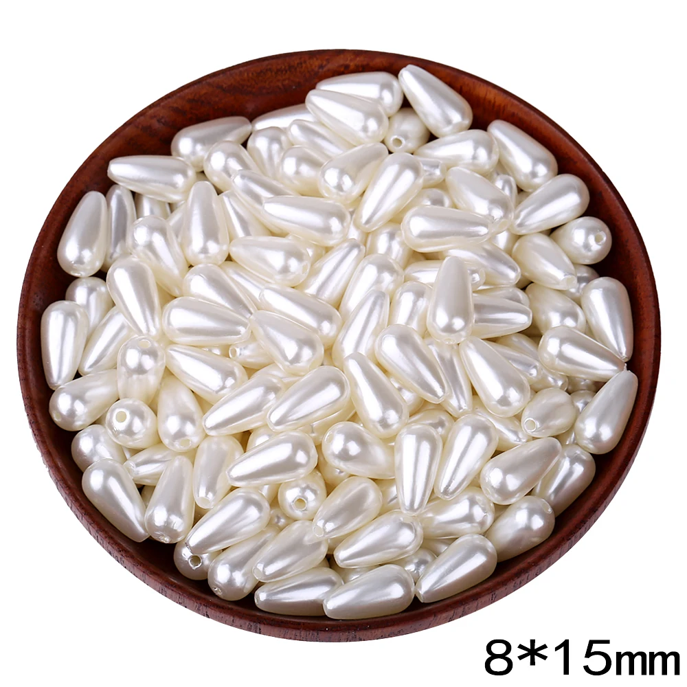 100pcs/lot 8*15mm ABS Ivory Imitation Pearl Teardrop Beads Straight