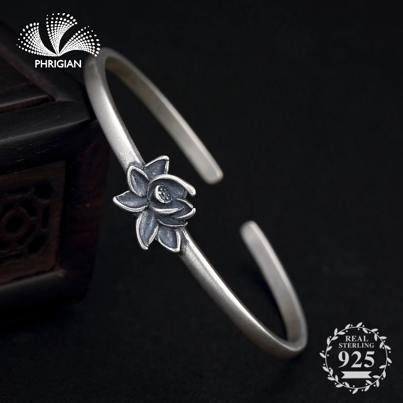 

NOT FAKE S990 Fine Jewelry 925 Sterling Silver Bangle S925 lotus Ethnic cute flower Handmade Natural flea market Luxury retro