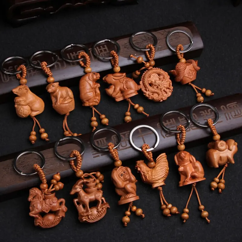 

12 Zodiac Keychain Natural Wood Keyring Unisex Animal Dragon Tiger Sheep Rabbit Monkey Snake Keyring Gift For Kids