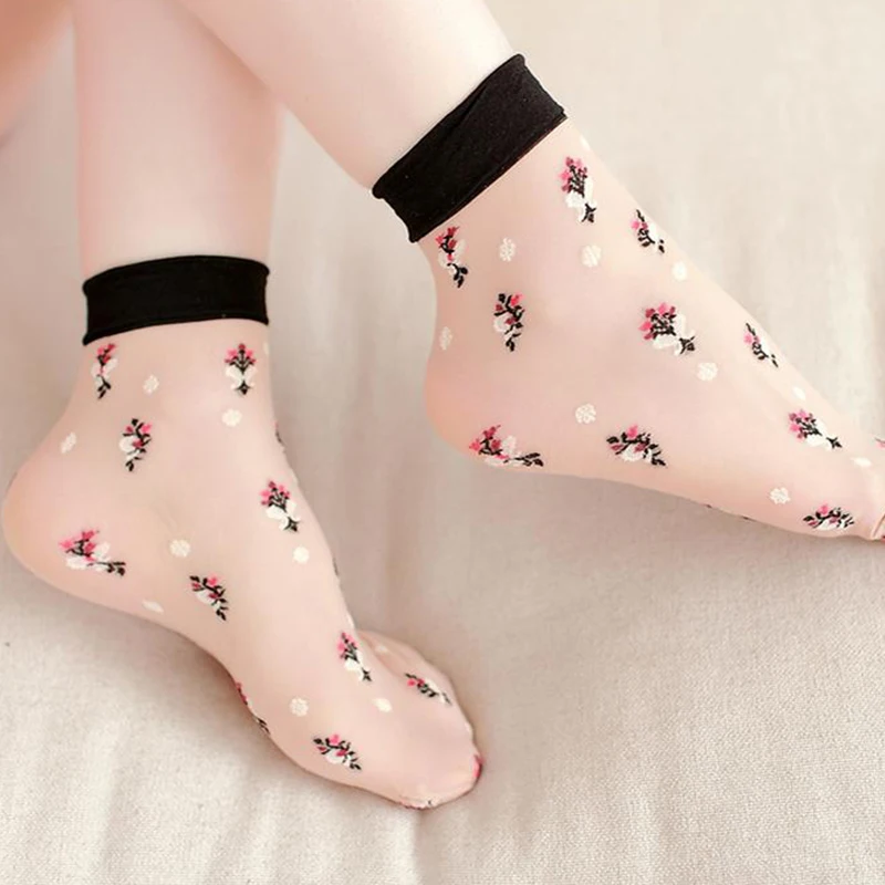 Женские носки до щиколотки, летние прозрачные сетчатые носки с цветочной вышивкой, милые нарядные носки Лолиты, элегантные женские носки